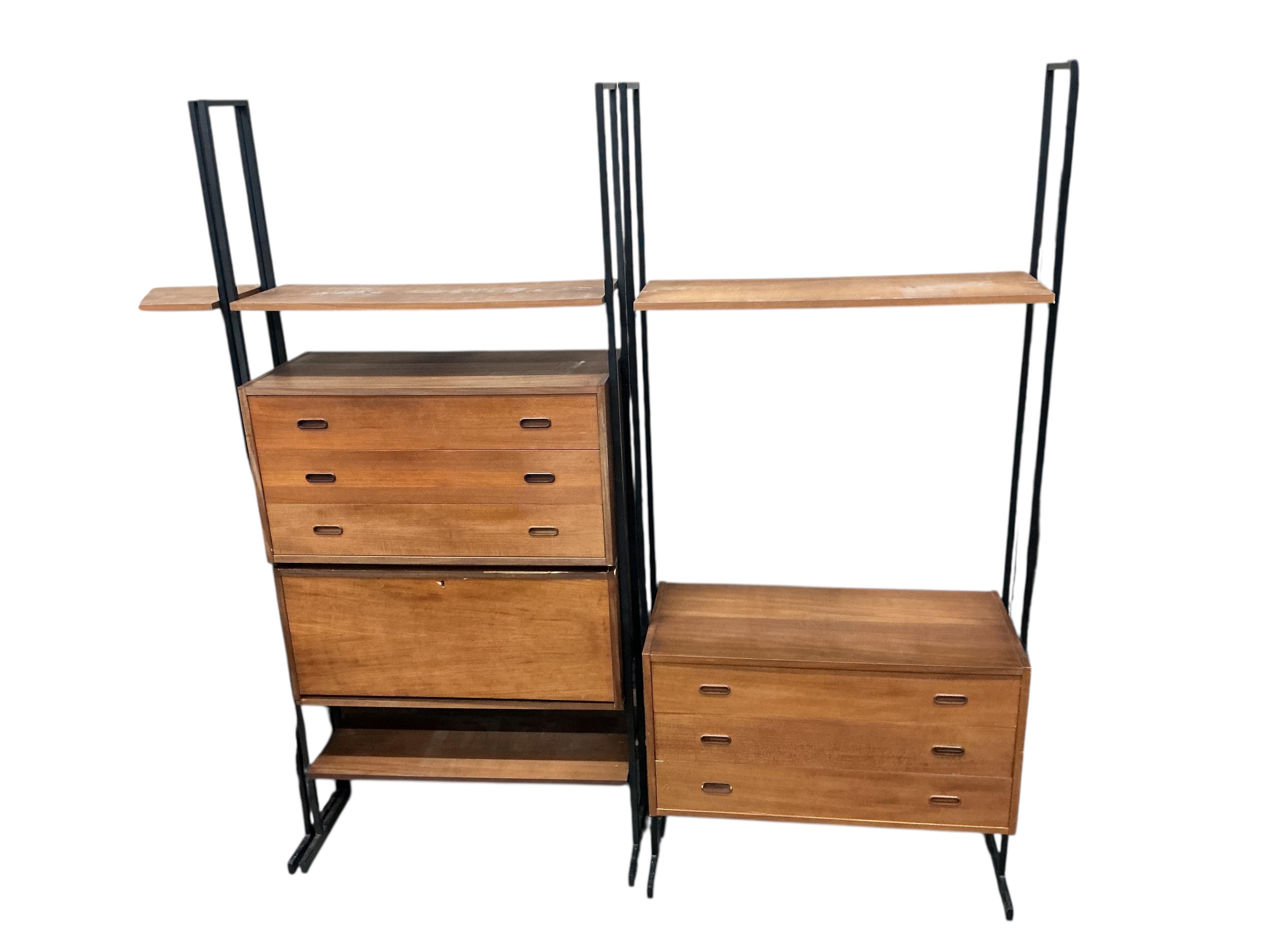 A mid century teak Ladderax type wall unit, width 341cm, depth 40cm, height 203cm